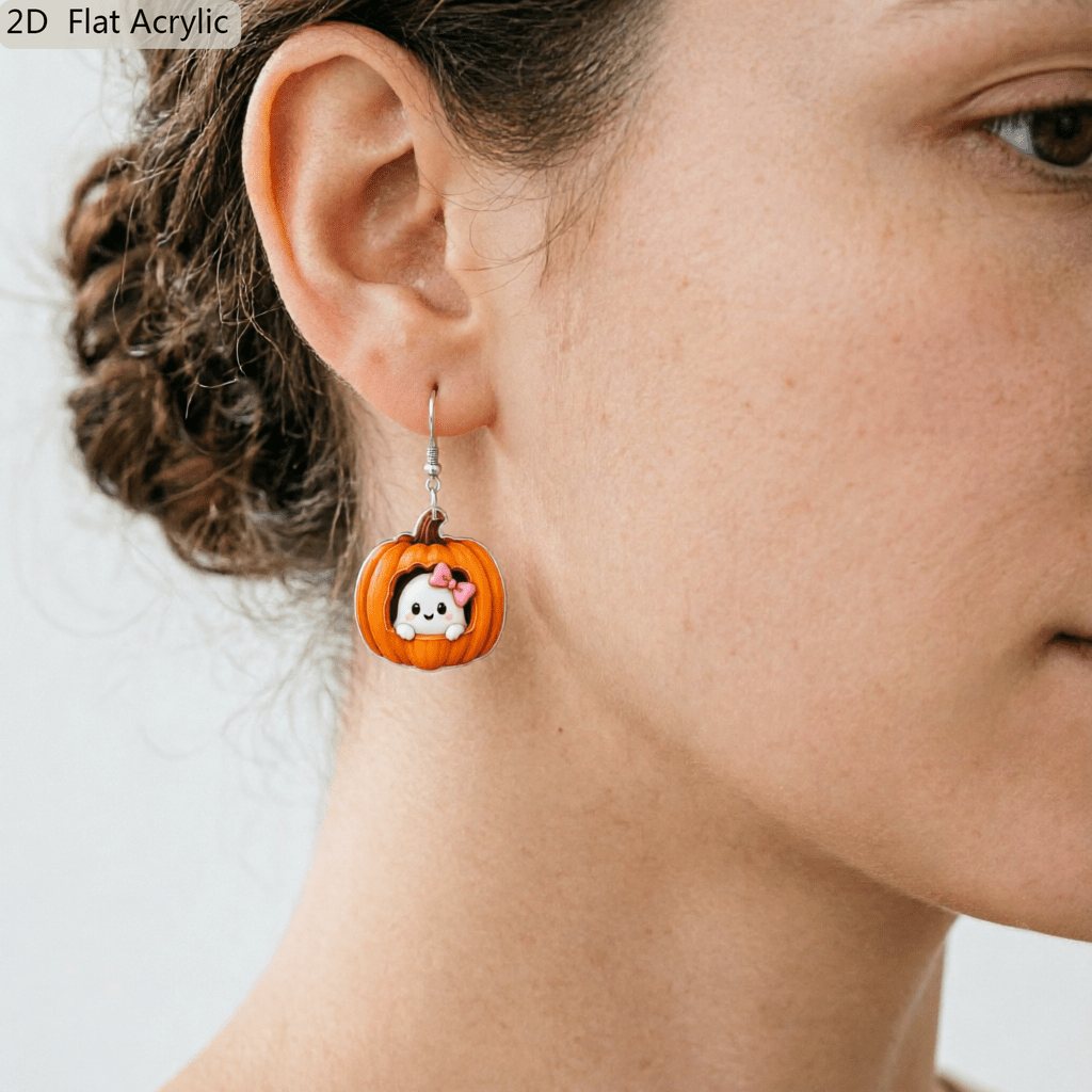 Cute Bow Ghost Inside Pumpkin Acrylic Dangle Earrings